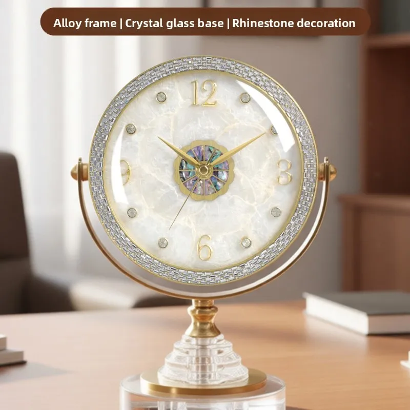 

European Light Luxury Metal Table Clock Retro Silent Shell Dial Ornament Living Room Counter Decor Clock Numerals Timepiece