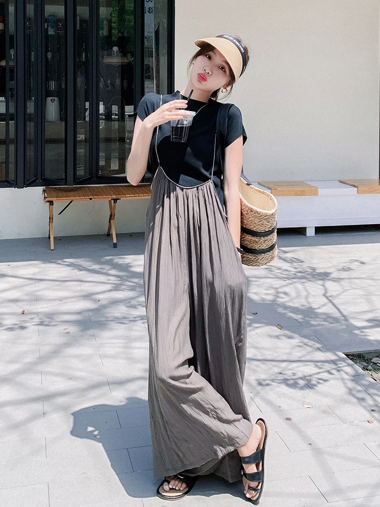 

Elegant Strap Wide Leg Pants Set Women's Summer New Fashion Concealment Jumpsuit Two-Piece Set Trendy Breathable Lightweight