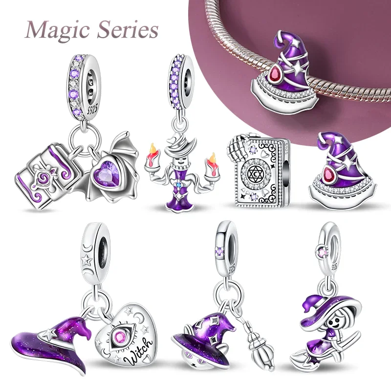 

New Silver 925 Purple Flying Witch Hat & Magic Book Charms Beads Fits Original Bracelet DIY Halloween Charm for Women Gifts