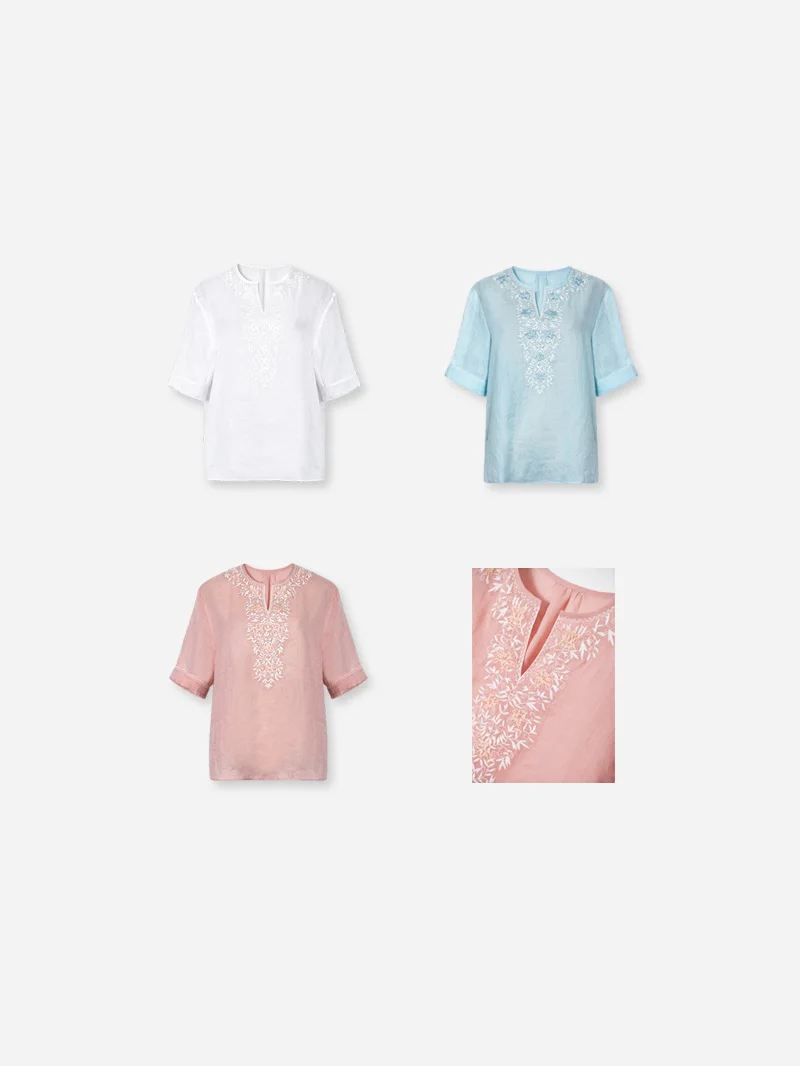 

April 9th plus Size Women's Shirt V-neck Embroidery 100% Flax Summer Breathable Comfortable Short Sleeve Ladies Shirt