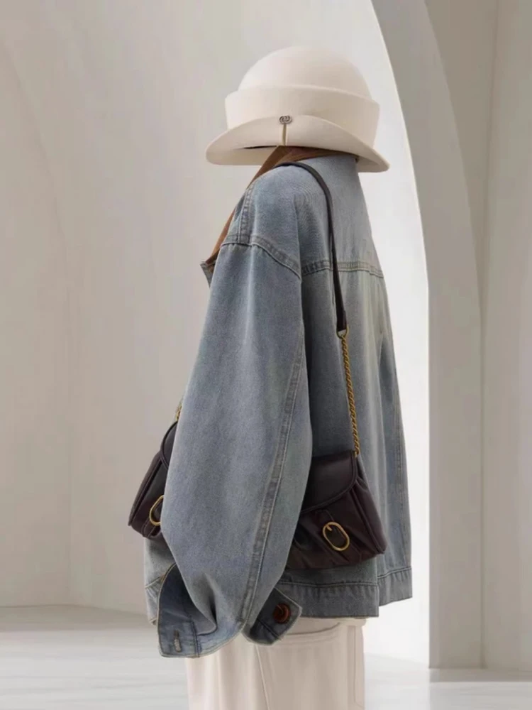 

American Style Retro Denim Jacket Women's Lapel Long Sleeved Patchwork Single Breasted Jacket 2025 New Spring Autumn Top