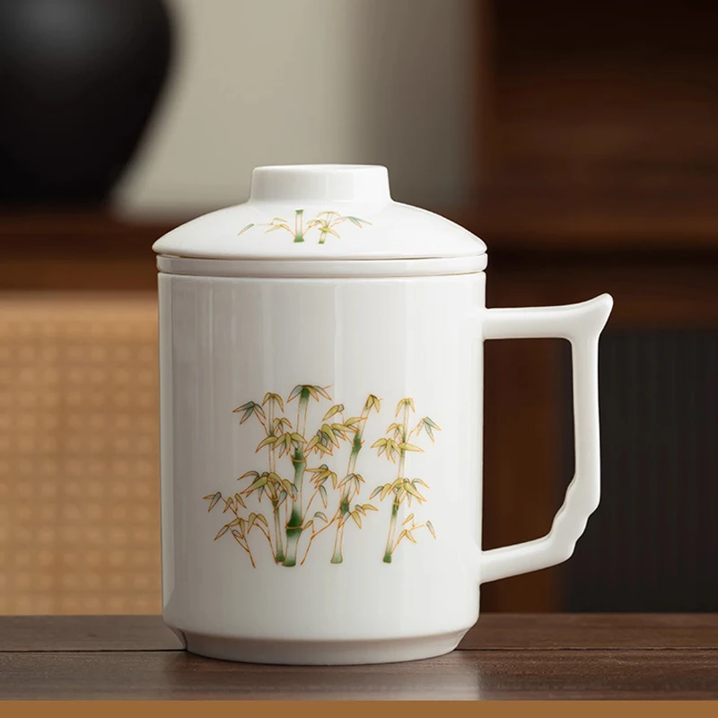 Chinese Style Tea Filtering and Separation Cups, With Cover White Porcelain Personal Mug, Home Drinkware Ceramic Office Cup, 1Pc
