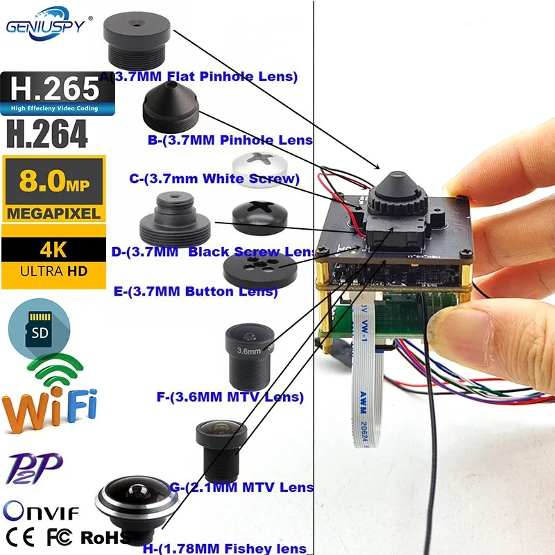 4K 8mp Wifi Ip Camera Module Sony IMX415 Starlight Sensor H.265 IR-Cut 4MM 6K Lens SD Card Slot CCTV Video Surveillance Pin hole