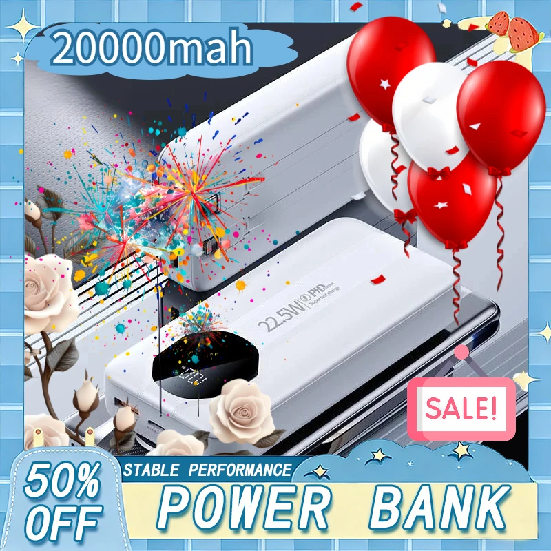 

Портативное зарядное устройство на 20000 мАч: мощный внешний аккумулятор с 2 кабелями, быстрая зарядка 22,5 Вт для iPhone и Samsung