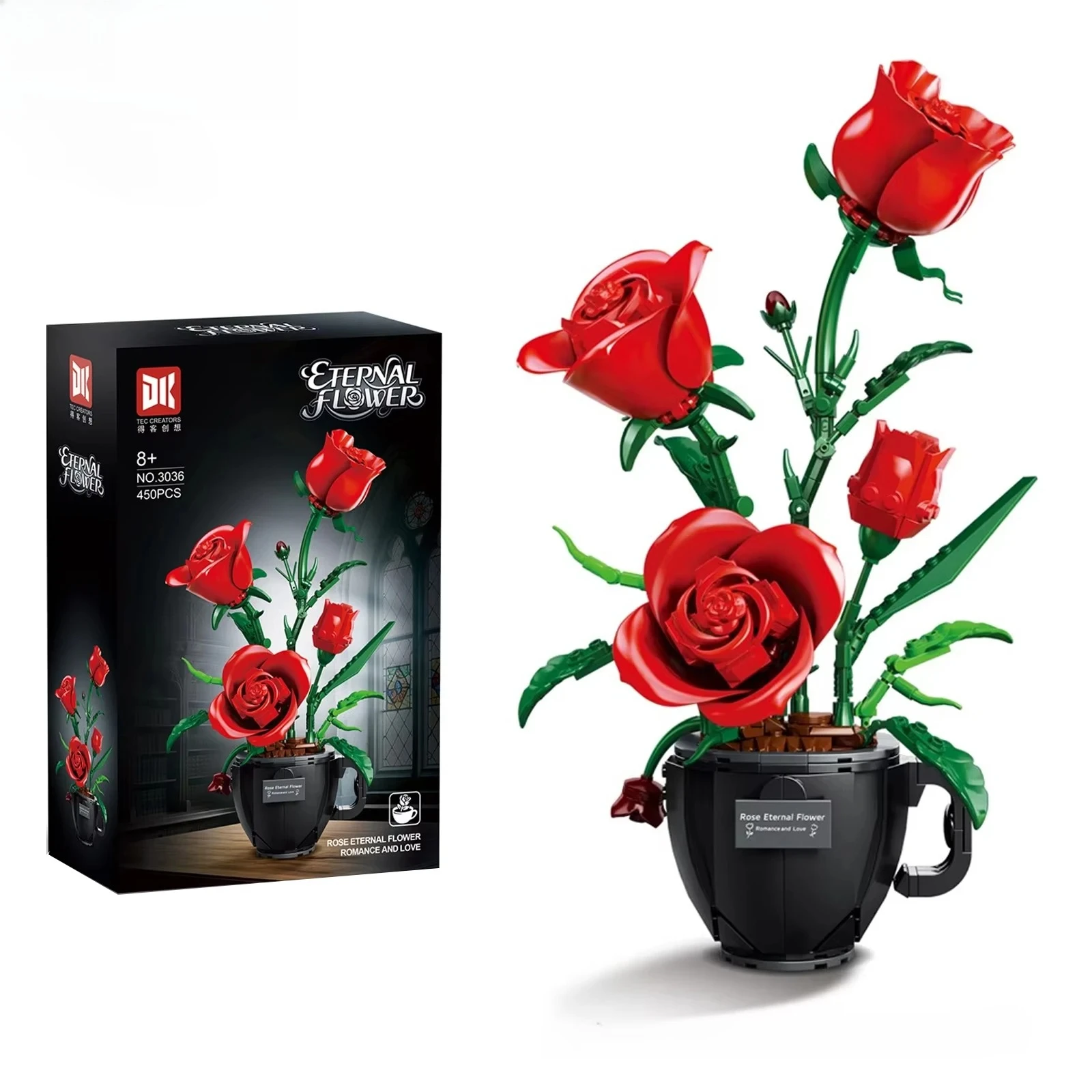 

Модель цветов, кофейная чашка, роза, сборка мелких частиц, строительные блоки, креативный букет растений в горшке, украшения, подарок