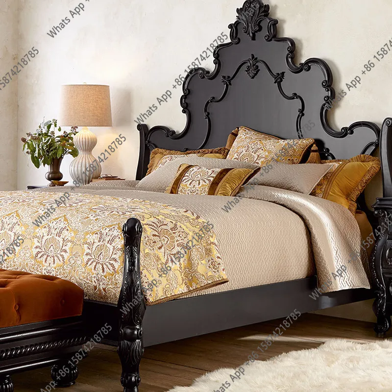 Amerikanisches Landhausbett aus massivem Holz mit Schnitzereien, französisches Luxusbett aus Eschenholz im Retro-Stil für Schlafzimmer, Himmelbett für Villen
