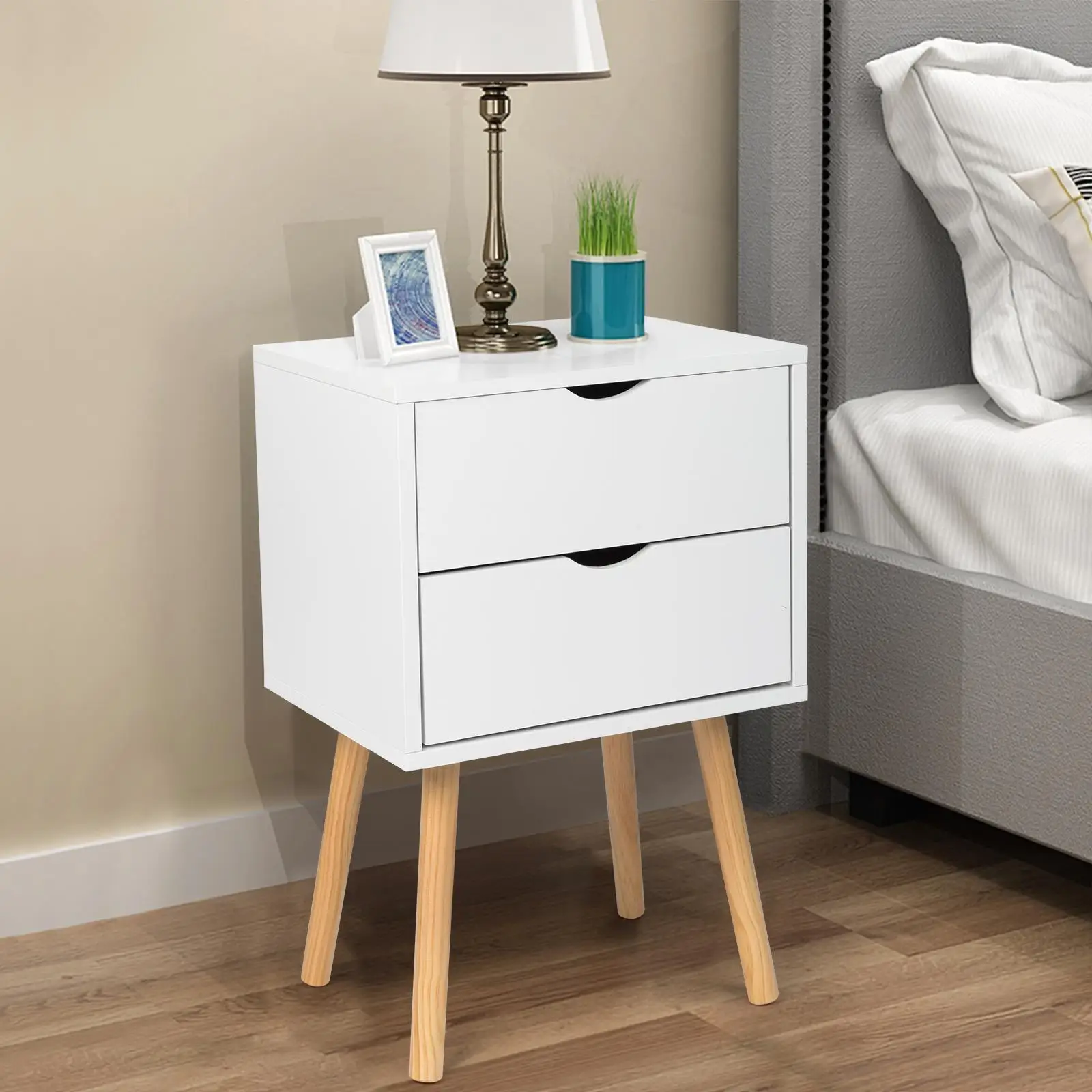 Modern 40x30x60cm White Cabinet with Wood Legs, Finish, High Legs, 2 Drawer Bedside Table