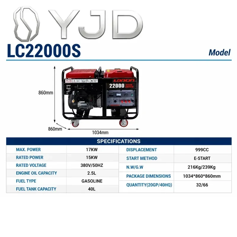 YJD Open Frame Inverter  Gasolin Generator 15/17kW 4-Stroke 50/60Hz 999cc Construction site electricity supply