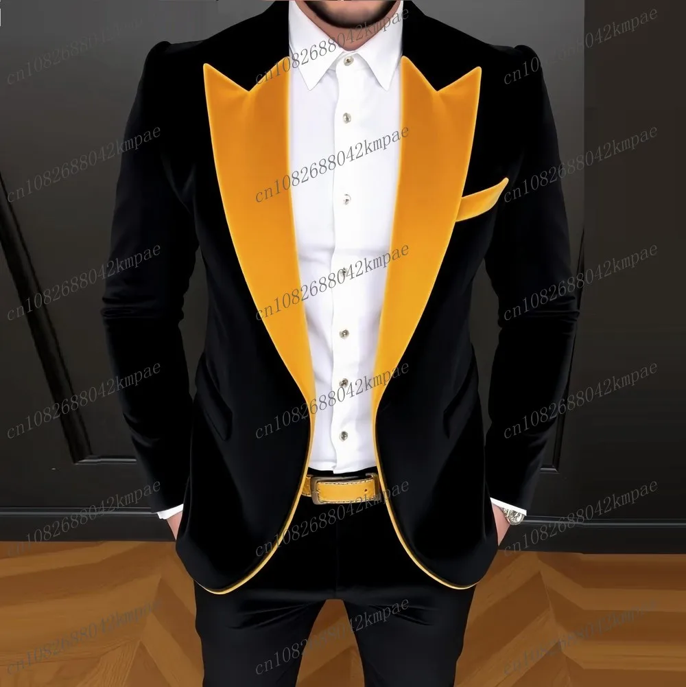 

Black Velvet Yellow Collar Men Suit Formal Business Groom Groomsman Wedding Party Prom Male Tuxedos 3 Piece Set Blazer Vest Pant