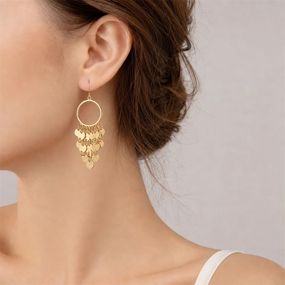 New Trend Shiny BlingBling Gold Color Plating Round Disc Dangle Drop Earrings For Women Girl  Medium Size Party Decoration