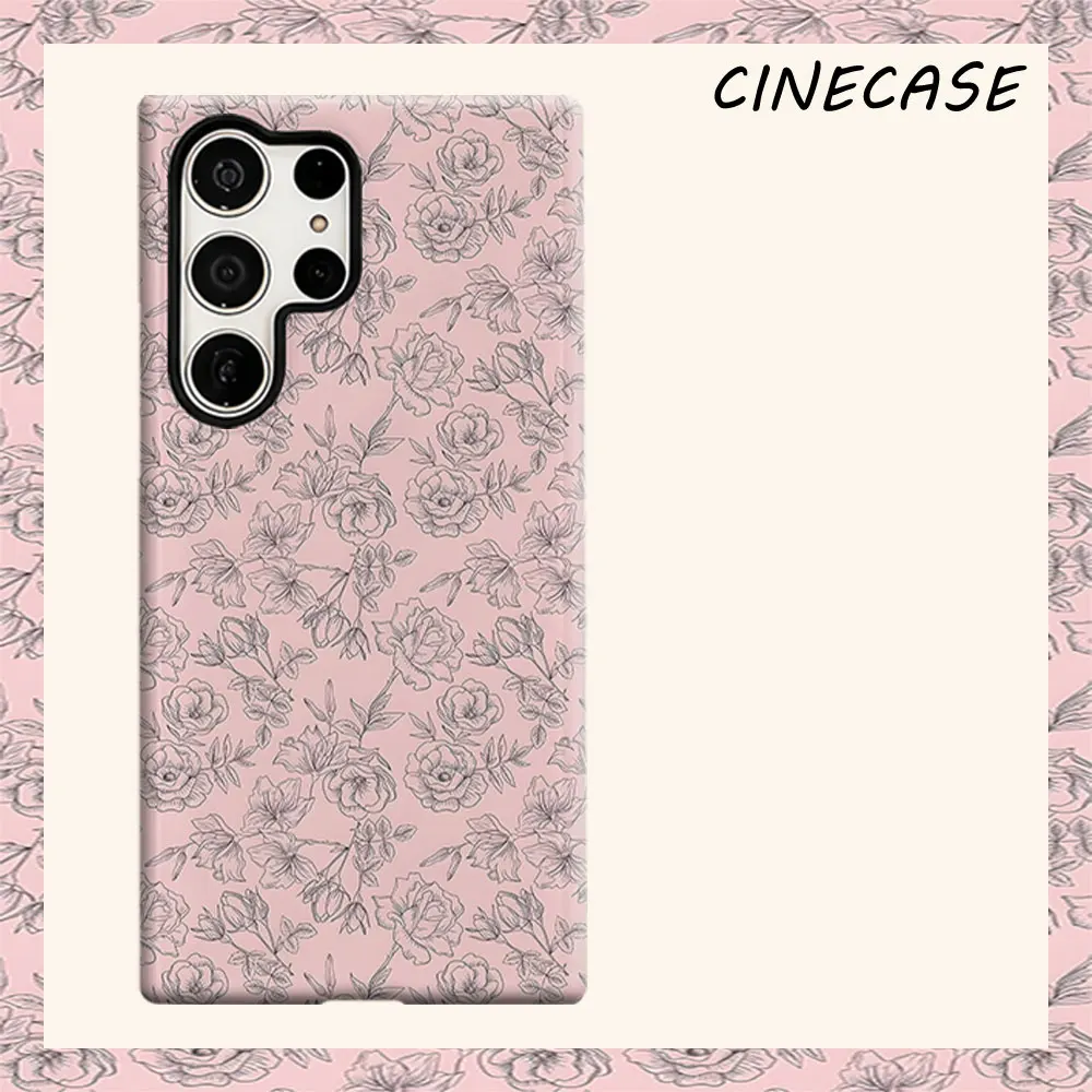 pink rose line art For Samsung Galaxy S26 S25 S24 A56 A36 Dual Layer Luxury Fashion Full Lens Protective Case