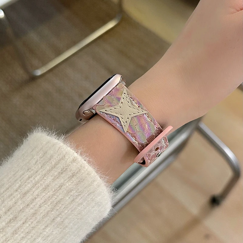 Ремешок кожаный с заклепками Star для Apple Watch Band 40 мм 41 мм 38 мм 44 45 Ultra 49 мм, женский браслет для IWatch Series 9 8 7 SE 6