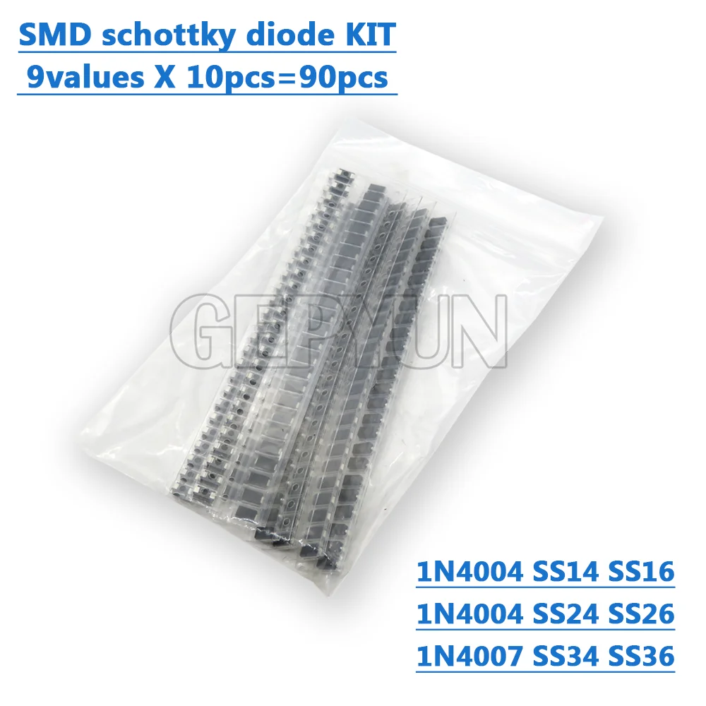 90pcs 9values x 10pcs 1N4001 1N4004 1N4007 SS14 SS24 SS34 SS16 SS26 SS36 SMD schottky diode assort kit