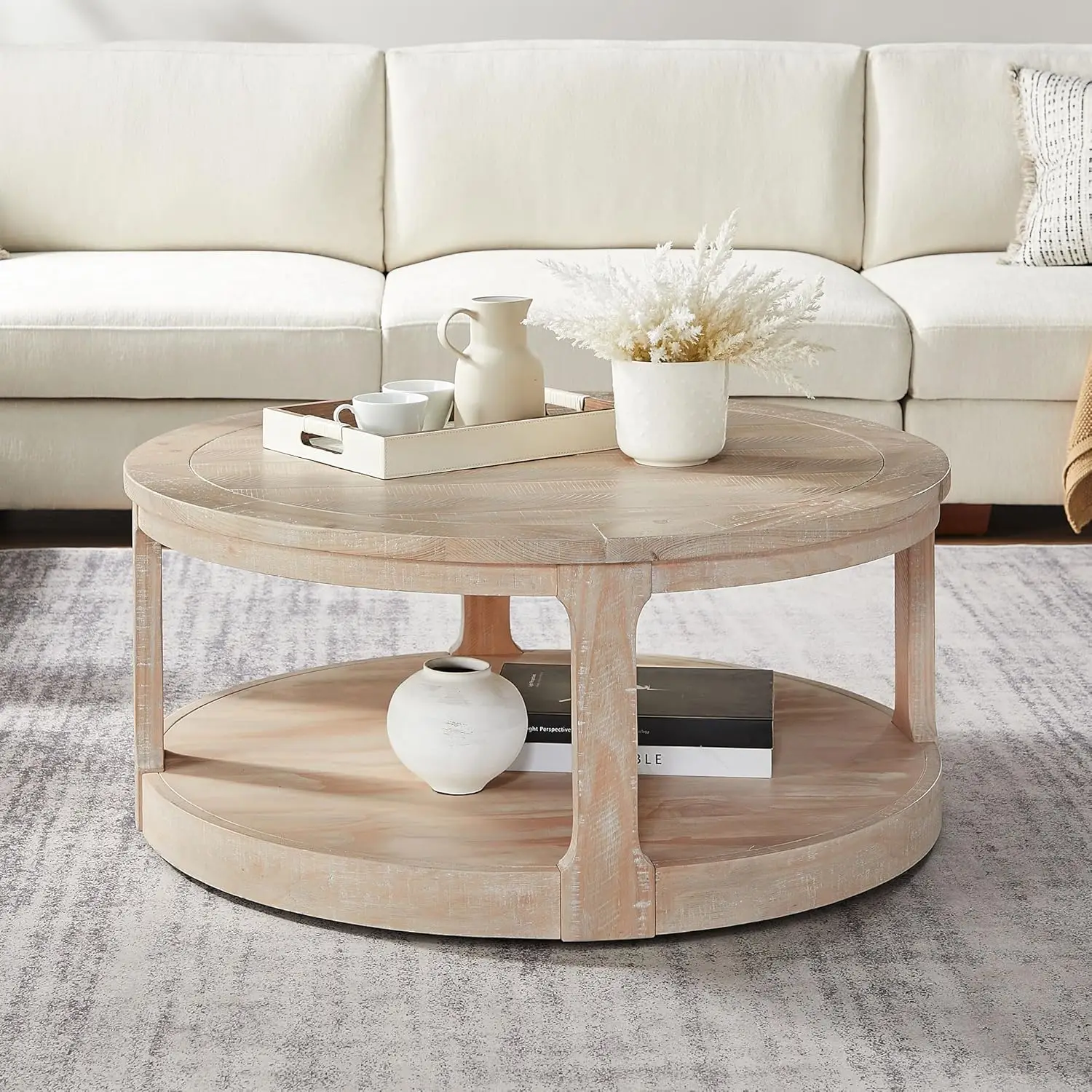 

2 Tier Round Wooden Coffee Table With Wheels, Large Curved Center Table, 40 Inch Round Circle Cocktail Table For Living Room Off
