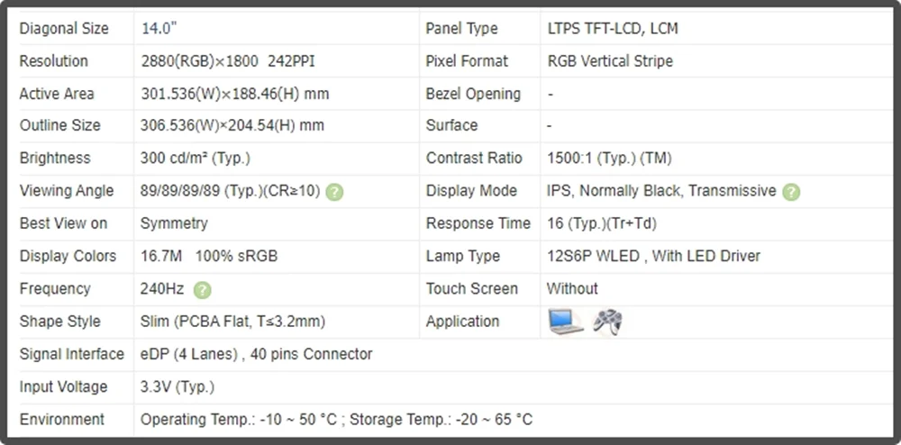 TL140ADXP24-00 14 inch LCD Screen EPP 40pins 240Hz IPS Panel Non-touch QHD 2880x1800 100% sRGB