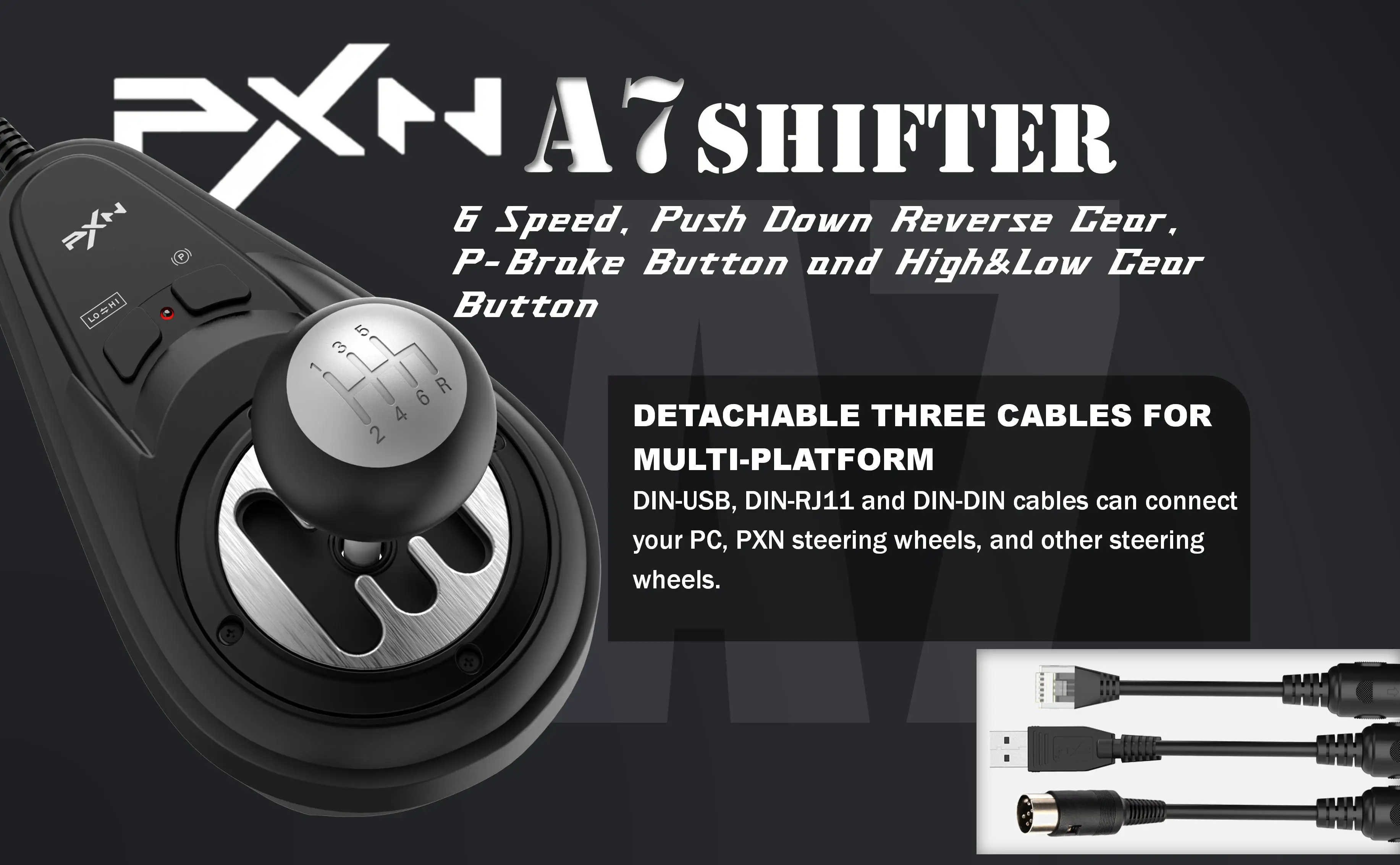 PXN A7 Shifter Gaming Gear, 6+R-Geschwindigkeit, USB/RJ11/DIN, mit P-Brake und High-Low-Tasten, universell für PC-Rennrad – Detail 1
