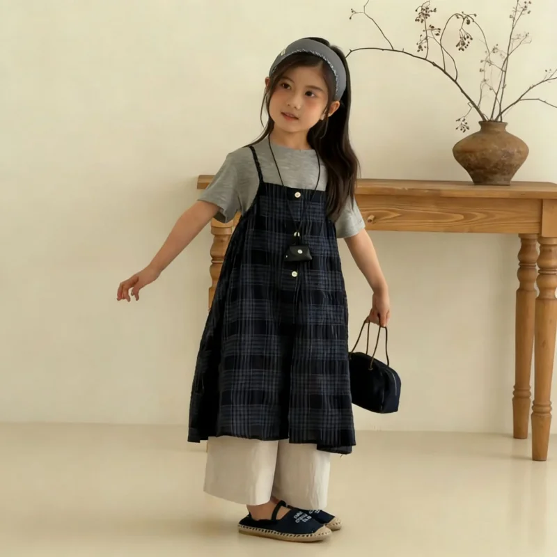 

Girls Summer2026New Korean-style outfit for older children: forest-themed plaid suspender skirt and solid color short-sleeve thr