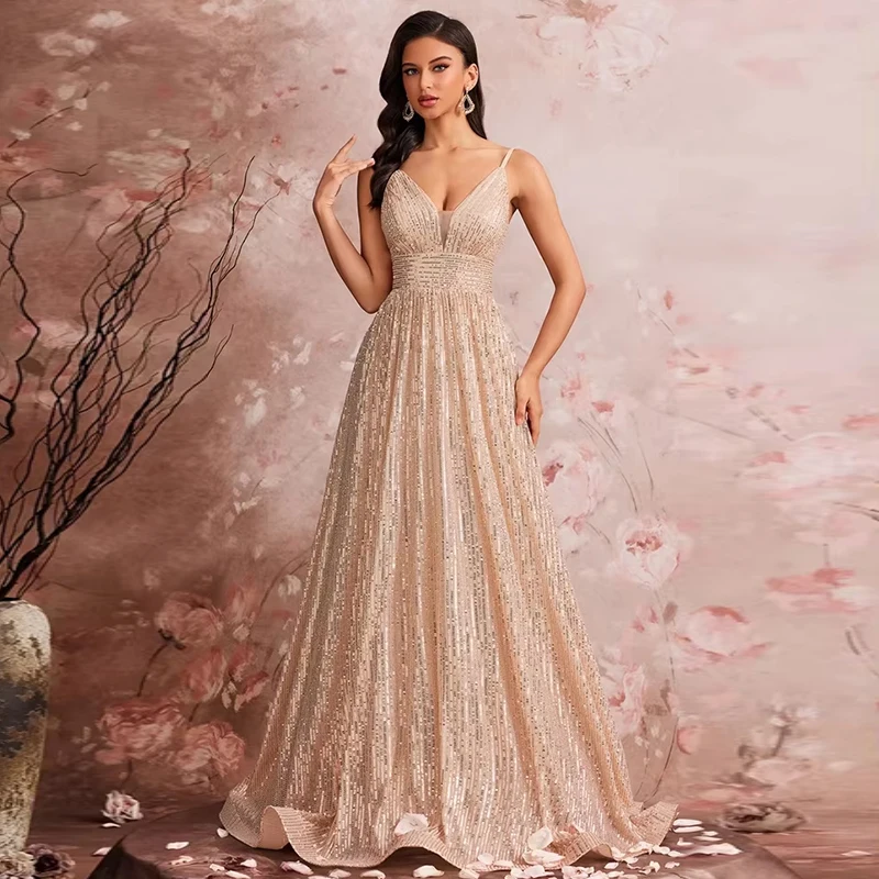 

Women's Champagne Sequin Evening Dress Spaghetti Straps Sparkling Sequins Prom Dresses With Special Occasions Formal Gown