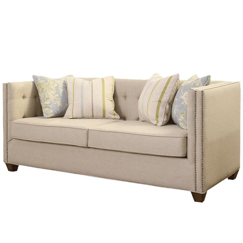 American solid wood fabric sofa, simple and modern small apartment living room soft bag sofa, pull button cotton and linen rivet
