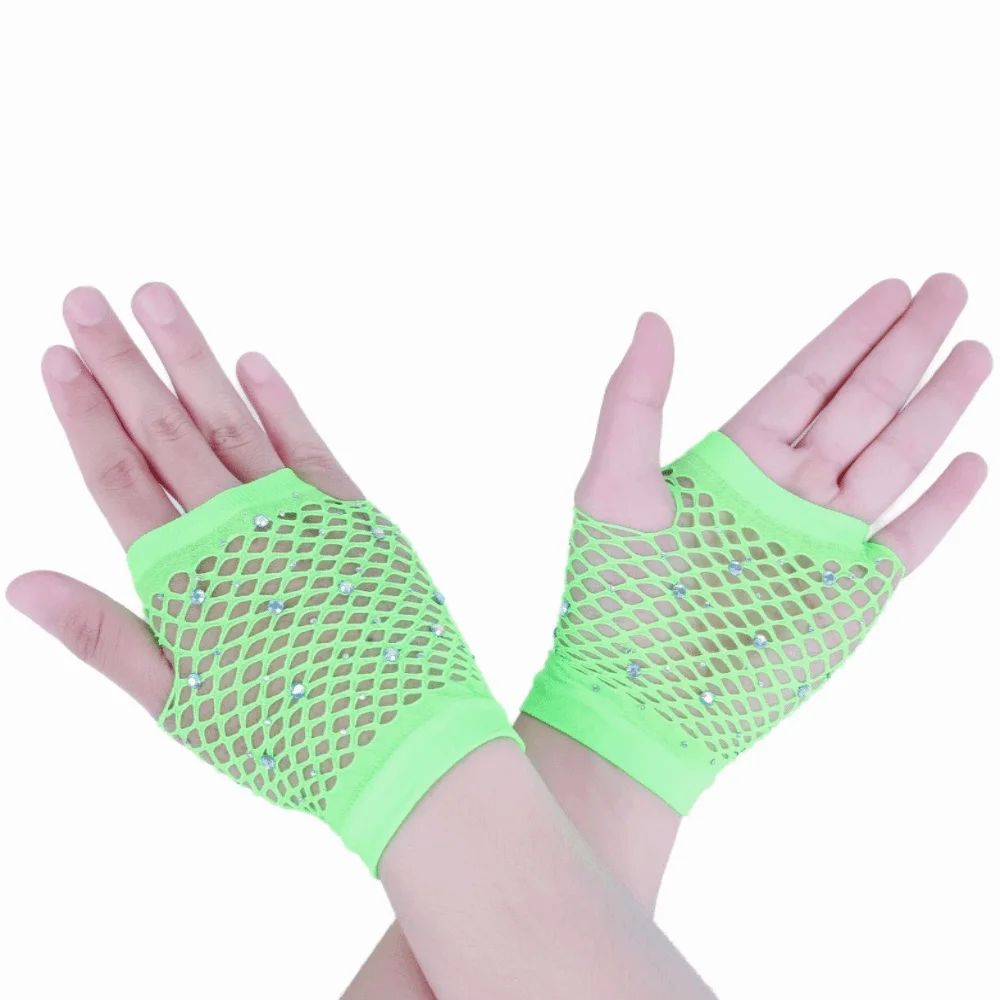 Party Elastic Rhinestone Gloves Black White Shiny Fishnet Fingerless Gloves Gothic Style Punk Mesh Lace Gloves Women's Fashion