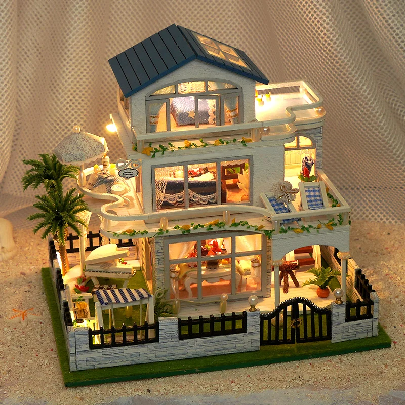 New Diy Wooden Mini Seaside Villa Miniature Building Kits Doll Houses With Furniture Casa Dollhouses For Friends Birthday Gifts