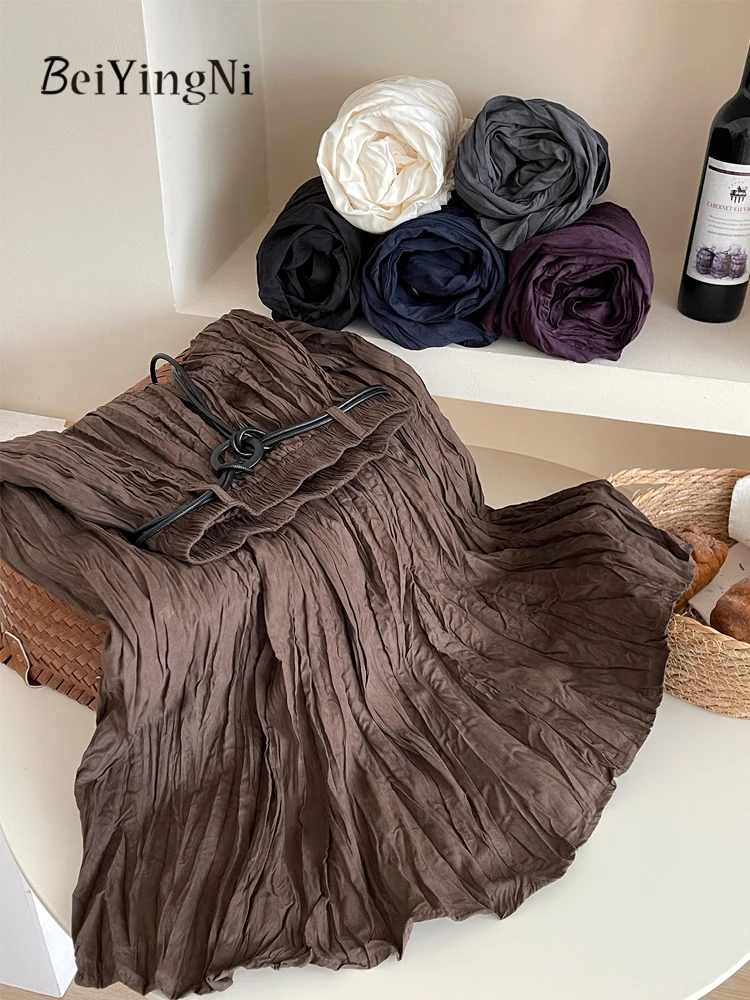 Beiyingni Jesienno-zimowe plisowane długie spódnice damskie z paskami, retro, jednolite, w stylu japońskim, damskie spódnice midi w kształcie litery A, Faldas