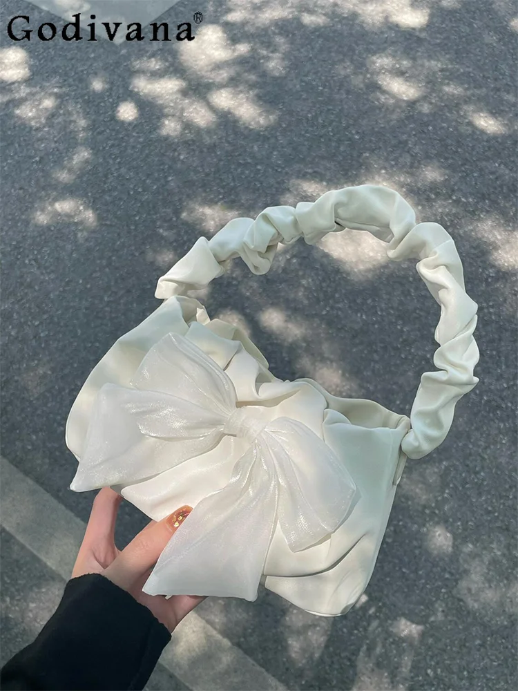 

2025 Korean Ins Wind Version Original Sweet Cute Girl Bow Handbag Fairy Pleated Small Capacity Tote Bag Messenger Shoulder Bags