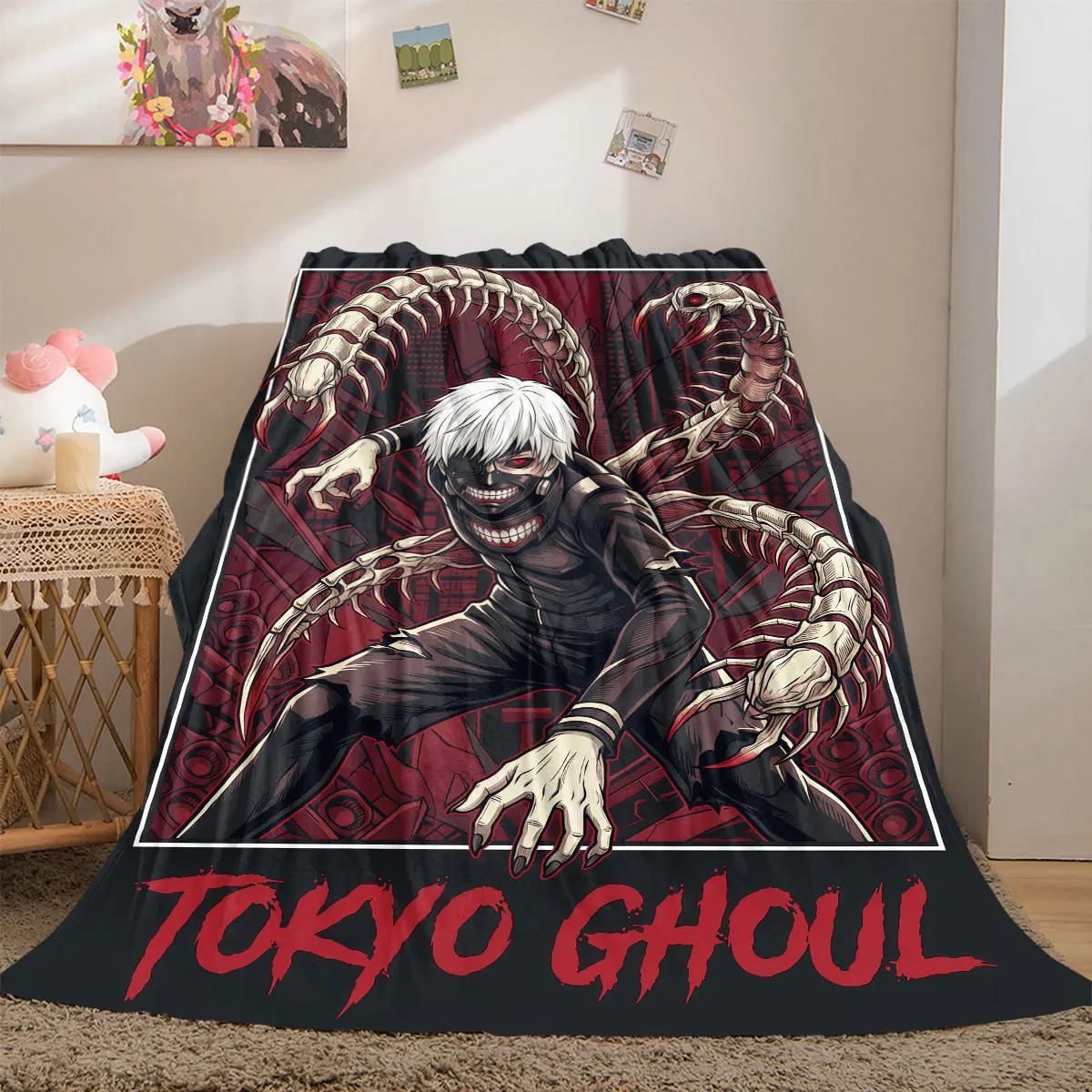 Tokyo Ghoul Bunte Flanelldecke mit 2D-Druck, niedliches Cartoon-Muster für Couch, Heimdekoration, Reisegeschenkverpackung_LIAN