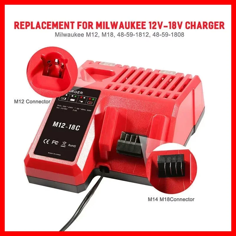

Rapid Fast Replace 3A 12V 14V 18V Li-Ion Charger Fit For Milwaukee M12-18C Dual Port Multi-Voltage Lithium-Ion Battery M12 M18