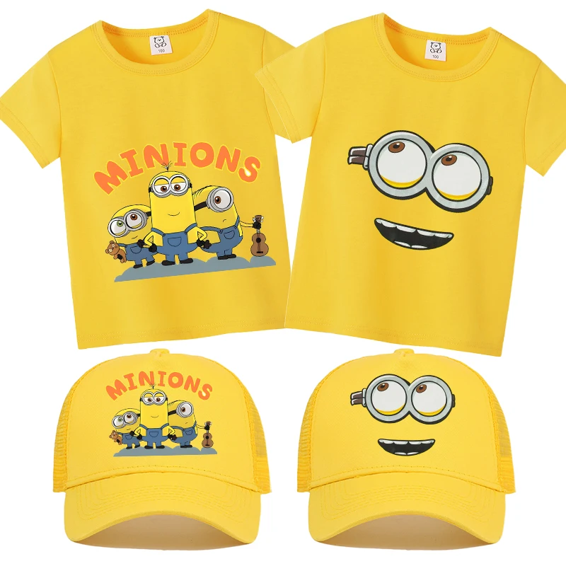 2pcs Minionses Children Short Sleeves + Baseball Cap Cartoon Summer Outdoor T-shirt Hat Tees Tops Boy Girl Kids Clothes Set Gift
