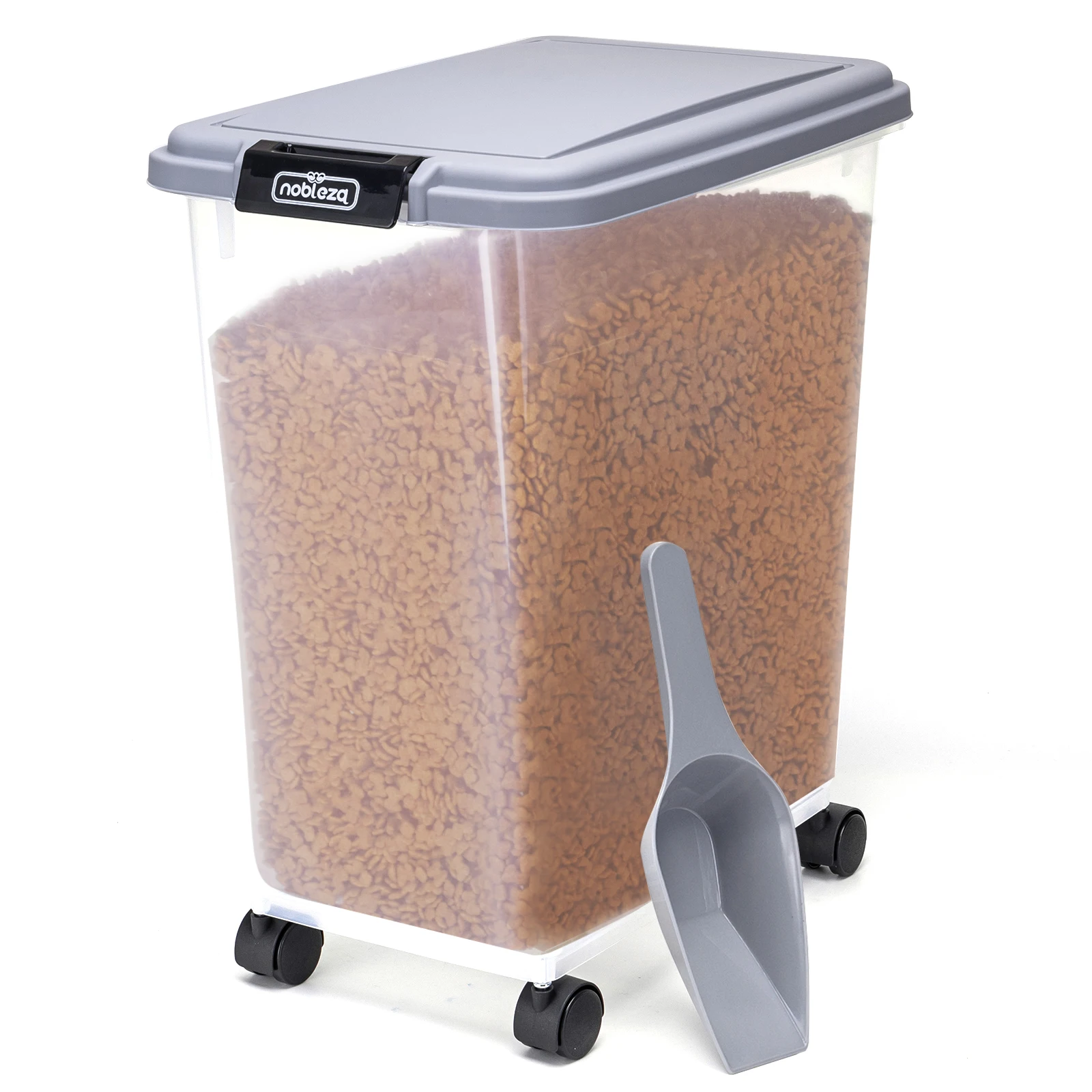 Nobleza - 20/30/40L Contenedor de Comida para Mascotas, Mascotas Caja de Alimentos con Ruedas Contenedor, Tapa abatible, hermética, Transparente, Ruedas y Pala, para Comida para Perros y Gatos, Gris