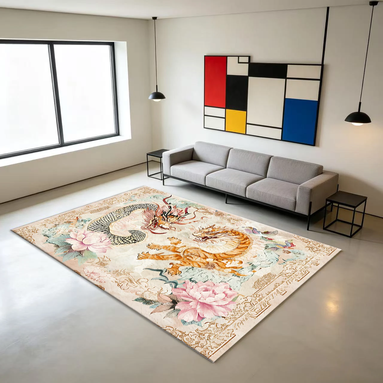 Oriental Dragon and Tiger Lotus Carpet Traditional Chinese Vintage Art Home Decor Floor Carpet