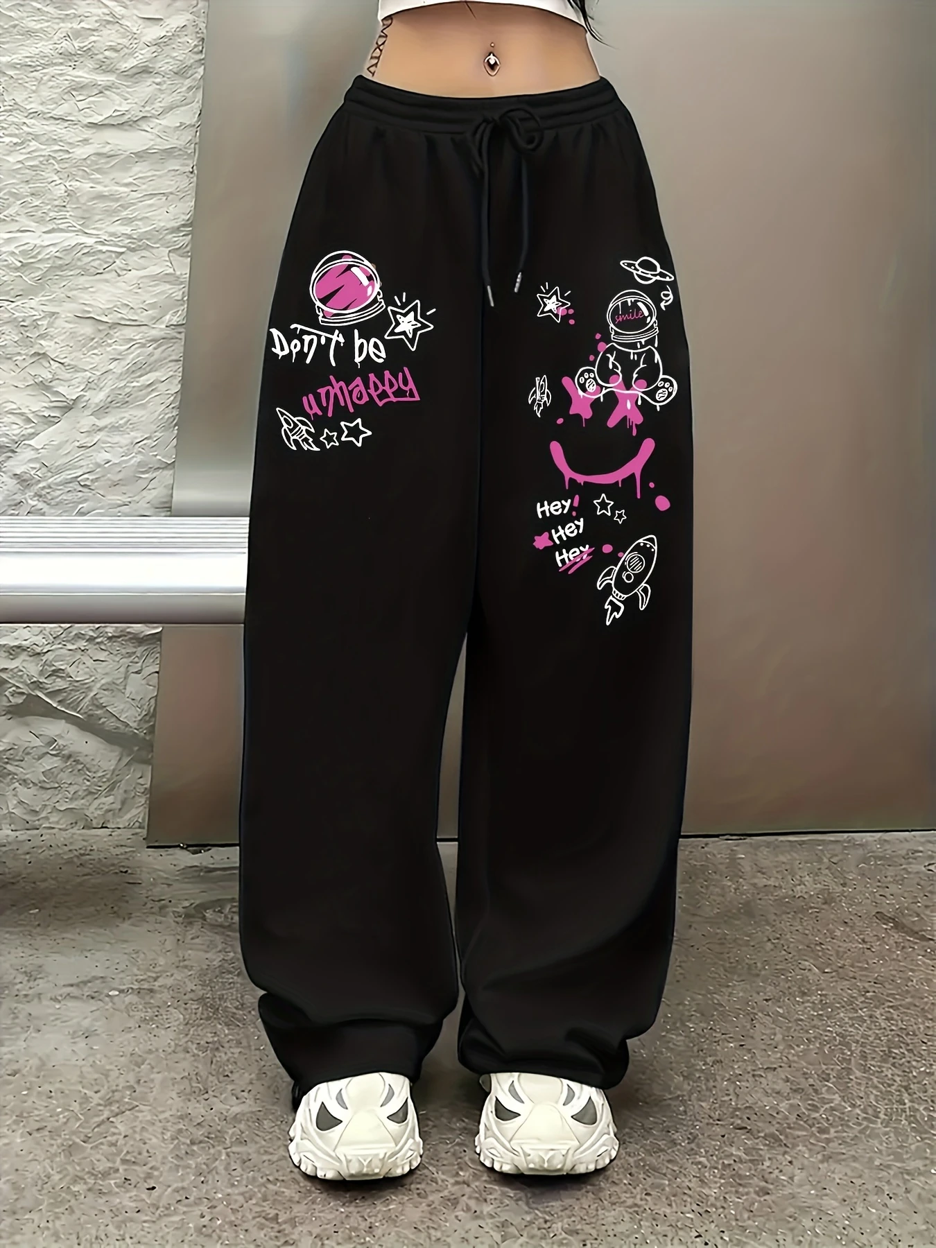 Graffiti Print Drawstring Loose Pants, Casual Hip-hop Street Style