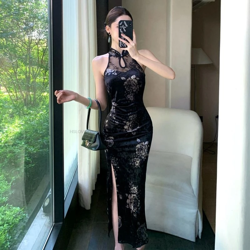 New Chinese Style Modified  Elegant Cheongsam Lace Splicing Velvet Print Sexy Sleeveless Bodycon Dress Women Sexy Cheongsam