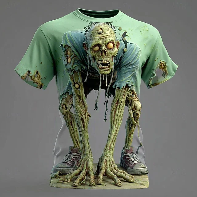 2026new Men's short sleeve t-shirt, 3D zombie skull pattern, summer, outdoor, casual, horror pattern, children's tops