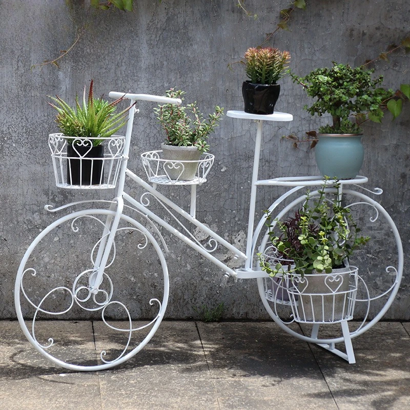 Retro Bicycle Shaped Flower Stand Ornate Iron Garden Decor Artistic Balcony Planter Display Vintage Style Patio Shelf Detachable