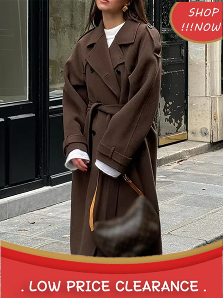 

Женское двубортное пальто с поясом, длинное повседневное пальто с лацканами, длинным рукавом и шнуровкой, Осень-зима 2024