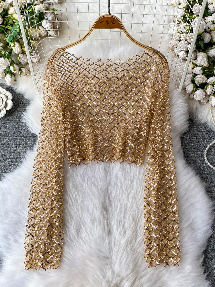 2025 Fashion Streetwear Sequined Sun-proof Blouses Sexy Pearl Beading Crop Tops Women O Neck Long Sleeves Sheer Shirts