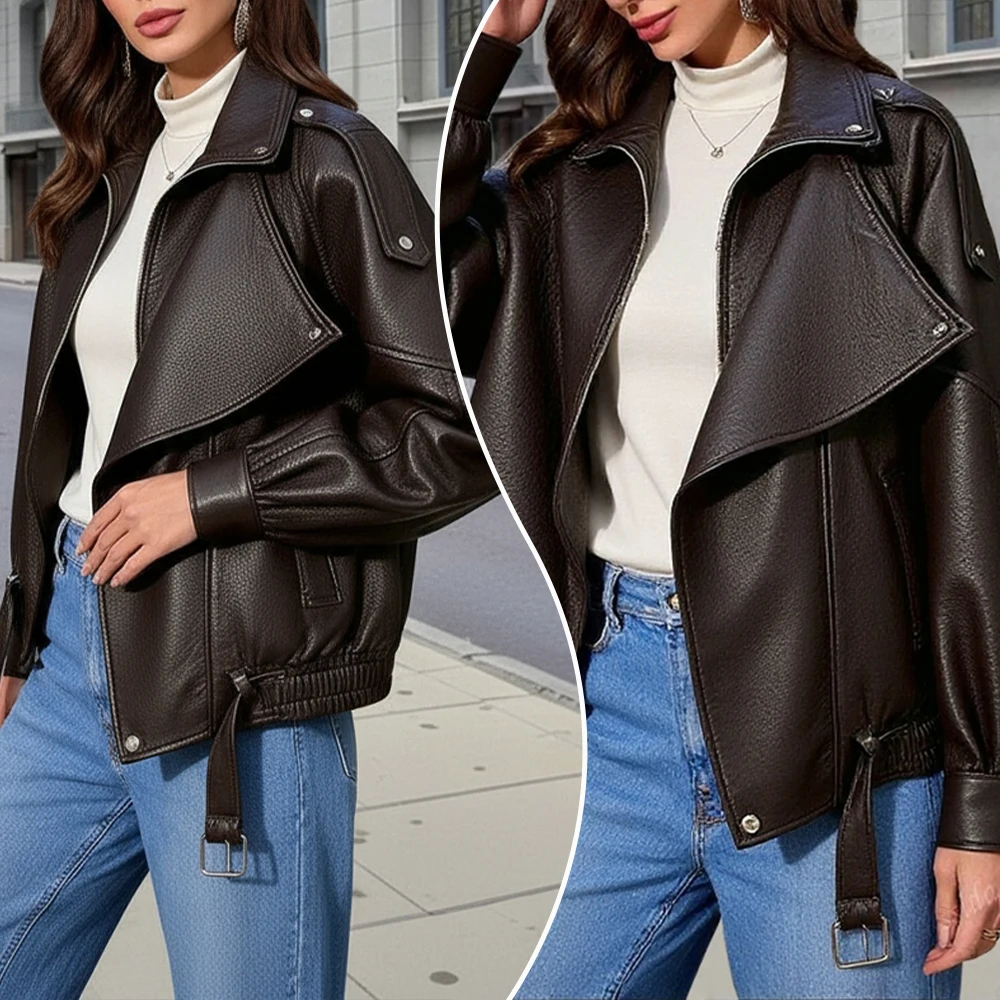 

Women's Brown Jacket Winter 2025 Streetwear Motorcycle Long Sleeve Lapel Loose Casual Coat