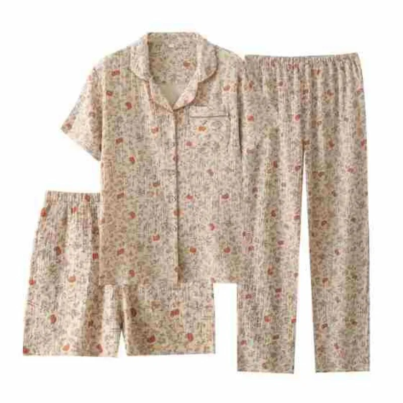 Ensemble pyjama pour femmes, Cardigan/pantalon en crêpe 100% coton, 3 pièces, vêtements de maison amples, nouvelle collection printemps/été/automne