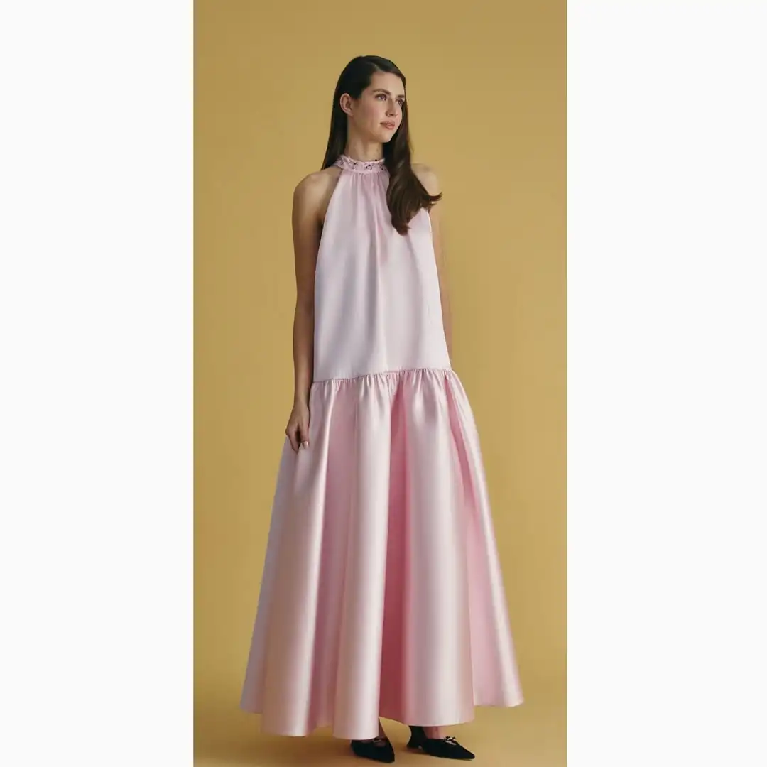 

Meetlove Halter Pink Beading Sleeveless Satin Evening Dresses Customized Floor Length Sweet Backless Crystal Luxury Formal Gowns