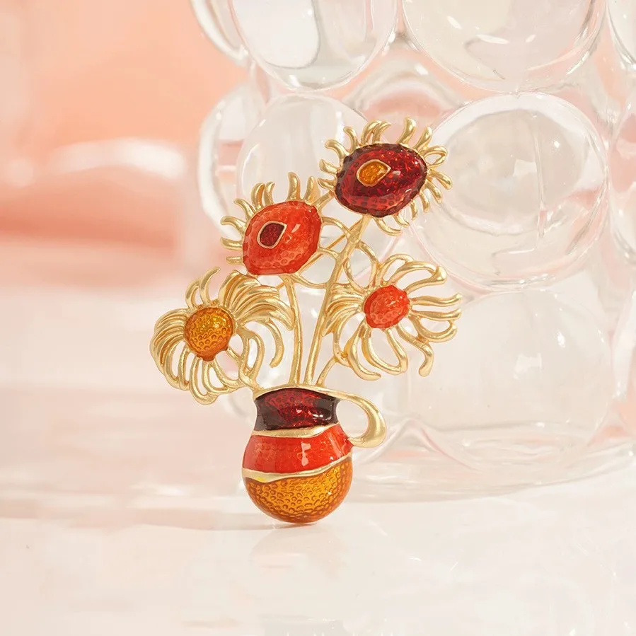 Retro Sunflower Vase Brooches For Women Plant Brooch Bouquet Brooch Clothing Coat Accessories Birthday Collect Ornaments Gifts