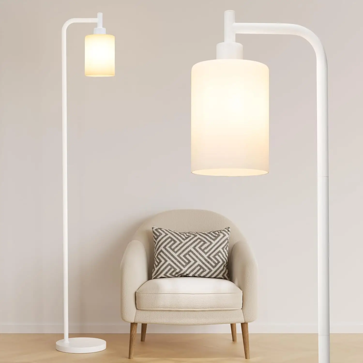 

Modern White Floor Lamp with Glass Shade, LED Bulbs for Living Room, Bedroom or Office - Industrial Farmhouse Style