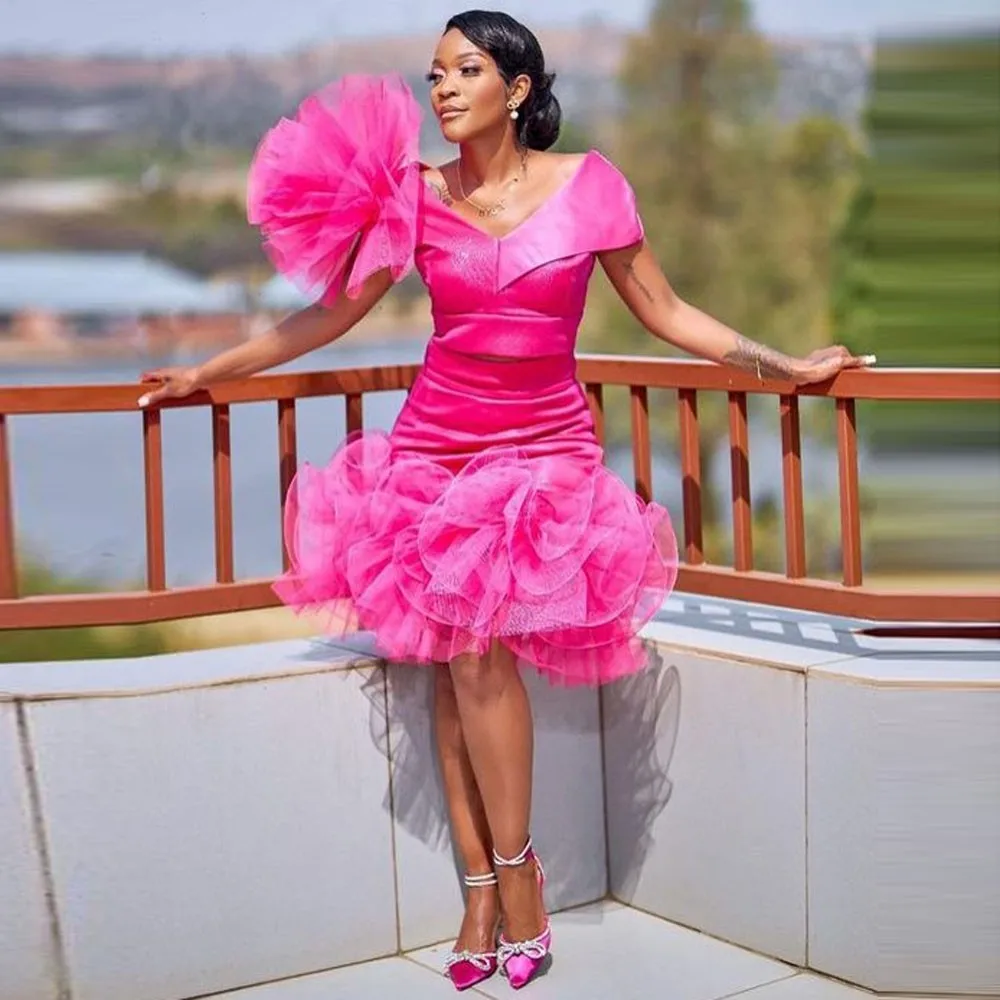 

Fashion Fuchsia Sheath Women Mini Maxi Dresses To Birthday Party Ruffles Organza Aso Ebi Female Short Dreses