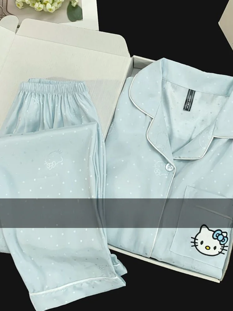シルクパジャマセット女性の秋の新しい甘い長袖長ズボンホーム服快適なソフトシルクプリント衣装カジュアルスタイル