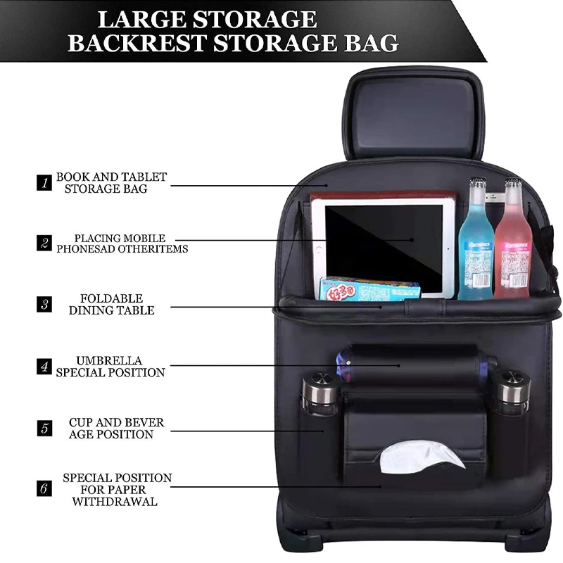 Car Seat Back Organizer Pu Leather Pad Bag Car Storage Organizer Foldable Table Tray Travel Storage Bag Auto Accessories