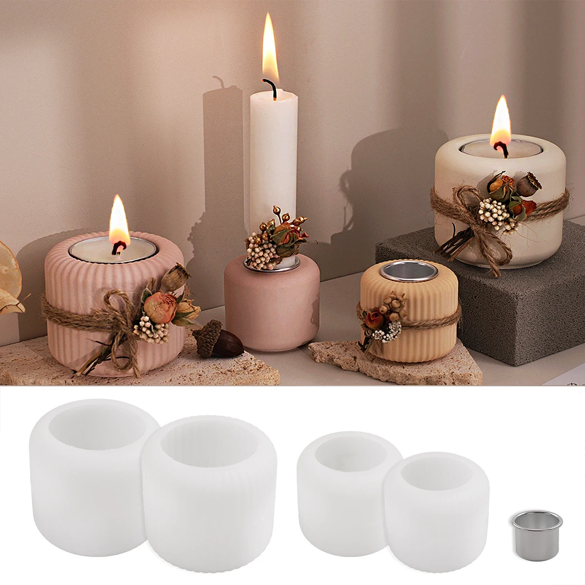 New Cylindrical Candlestick Silicone Mold Diy Stripe Glossy Tealight Base Candle Holder Mold Small Pen Holder Gypsum Cement Mold