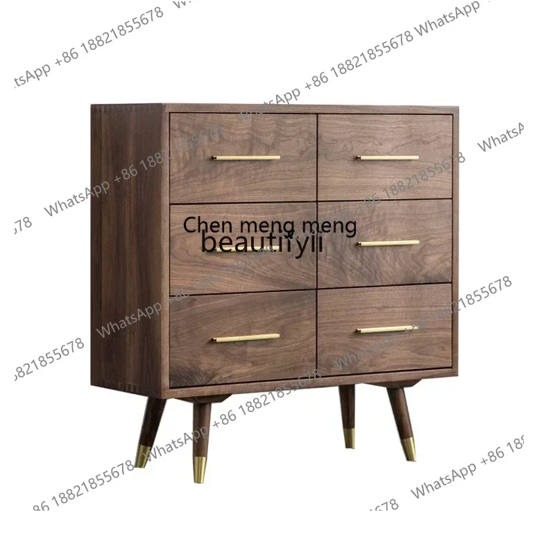 

X Solid Wood Chest of Six Drawers Black Walnut Copper Leg Storage Cabinet Living Room Sideboard CabinetQ