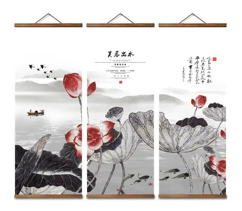 

MT4010 Chinese Style Water Hibiscus fishing boat swallow Decorative Wall Art Posters Solid Wood Scroll Paintings