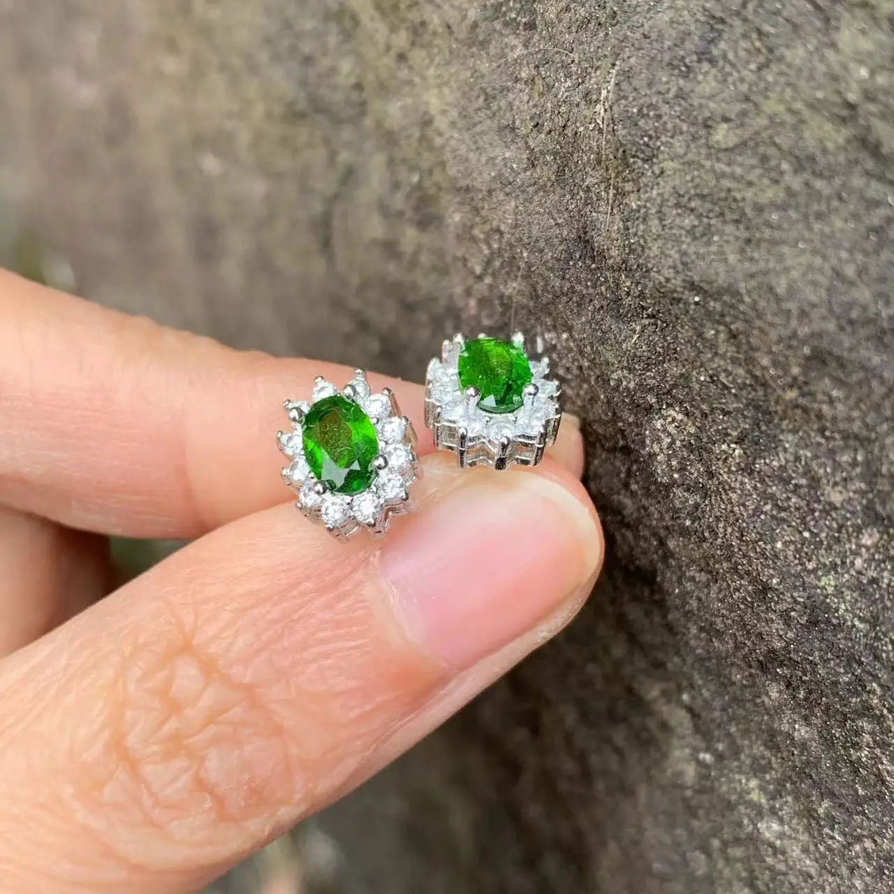 Genuine Natural Diopside 925 Sterling Silver Stud Earrings for women Jewelry Gift  1.4ct Ocean Blue Topaz Oval Pave CZ